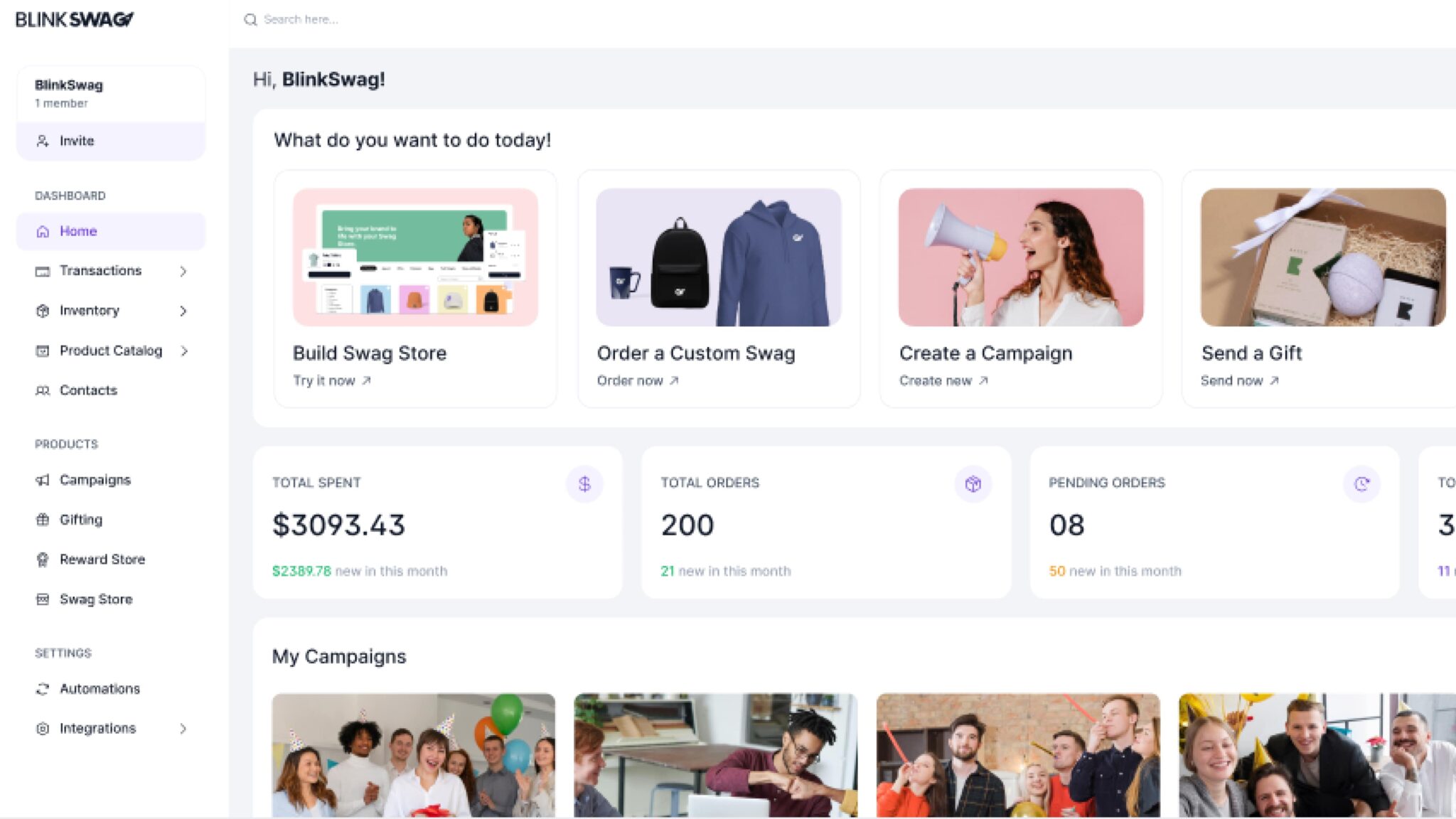 Blink Swag platform interface
