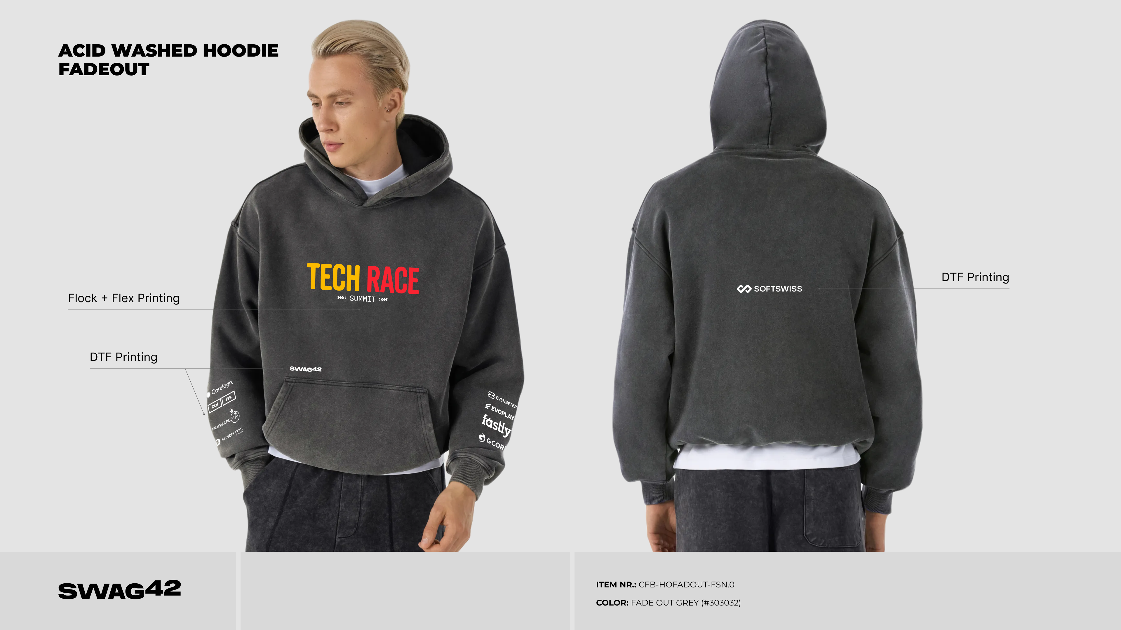 Front and back hoodie mockup showing Tech Race Summit chest branding, sleeve logos and the SOFTSWISS back logo