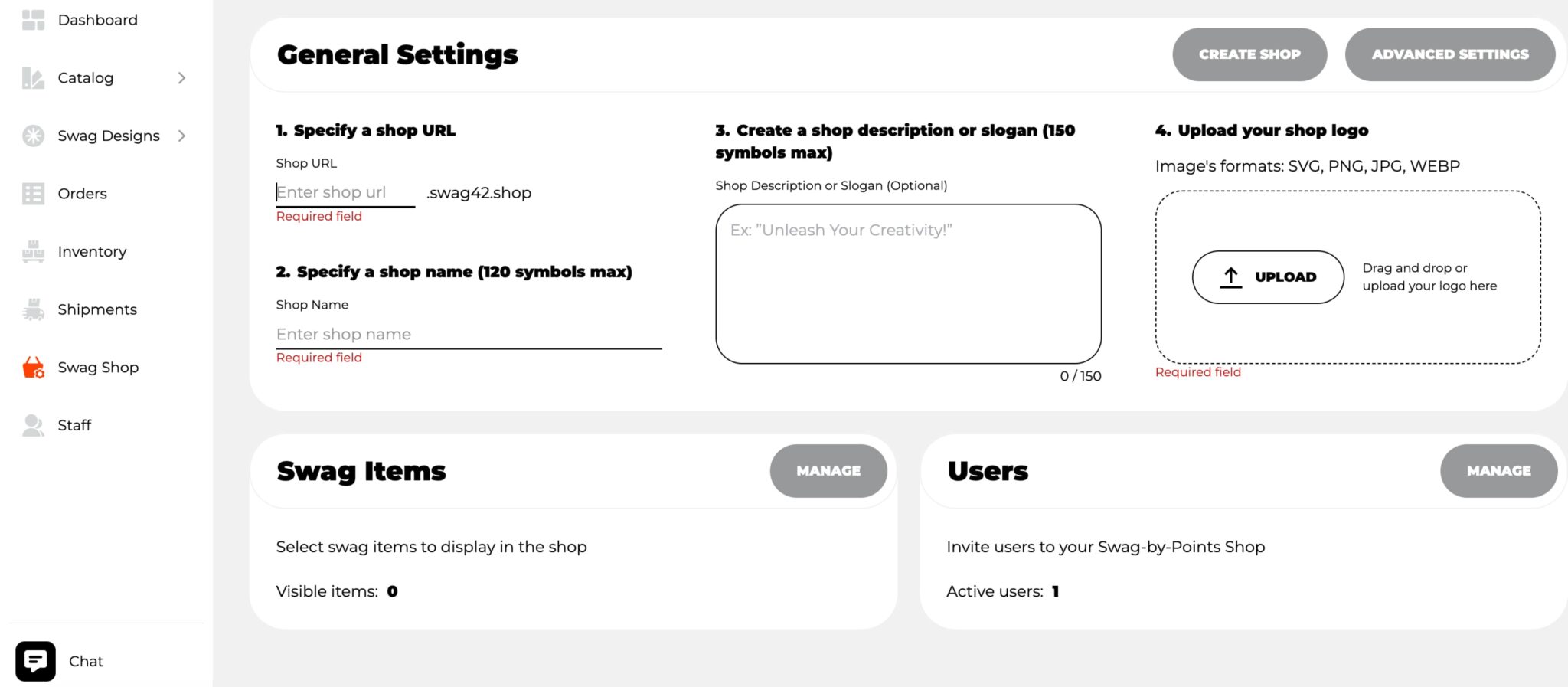 Swag shop creation dashboard