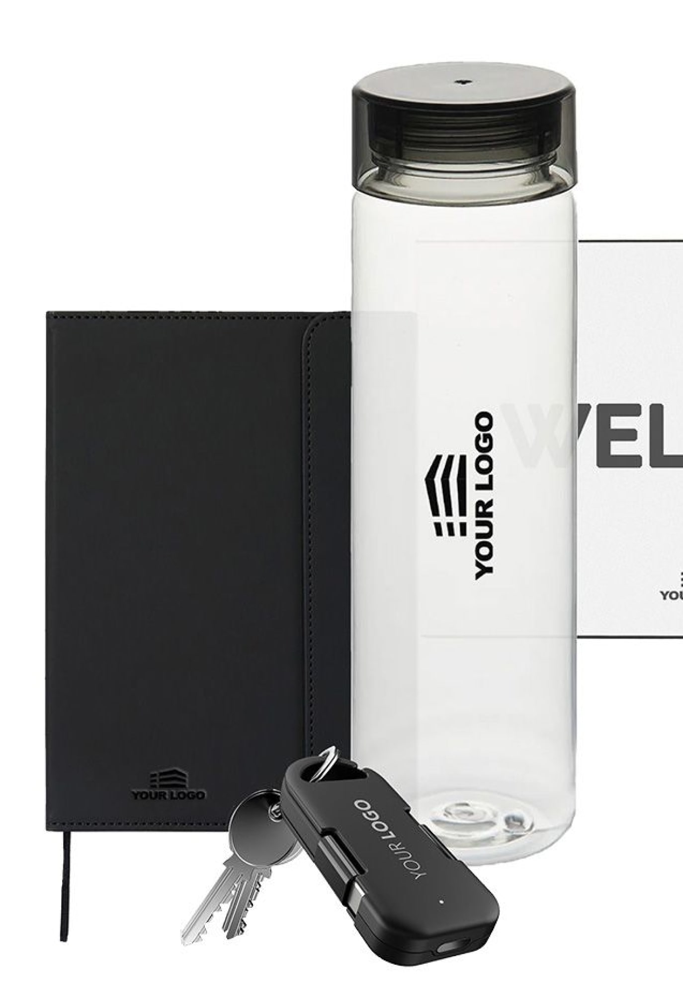 Branded water bottle, key chain, and notebook
